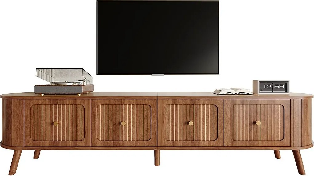 Nowoczesna szafka RTV - 180 x 38 x 47 cm - z 4 drzwiami + nogi drewniane - unikatowy design - MDF + płyta wiórowa - brązowa