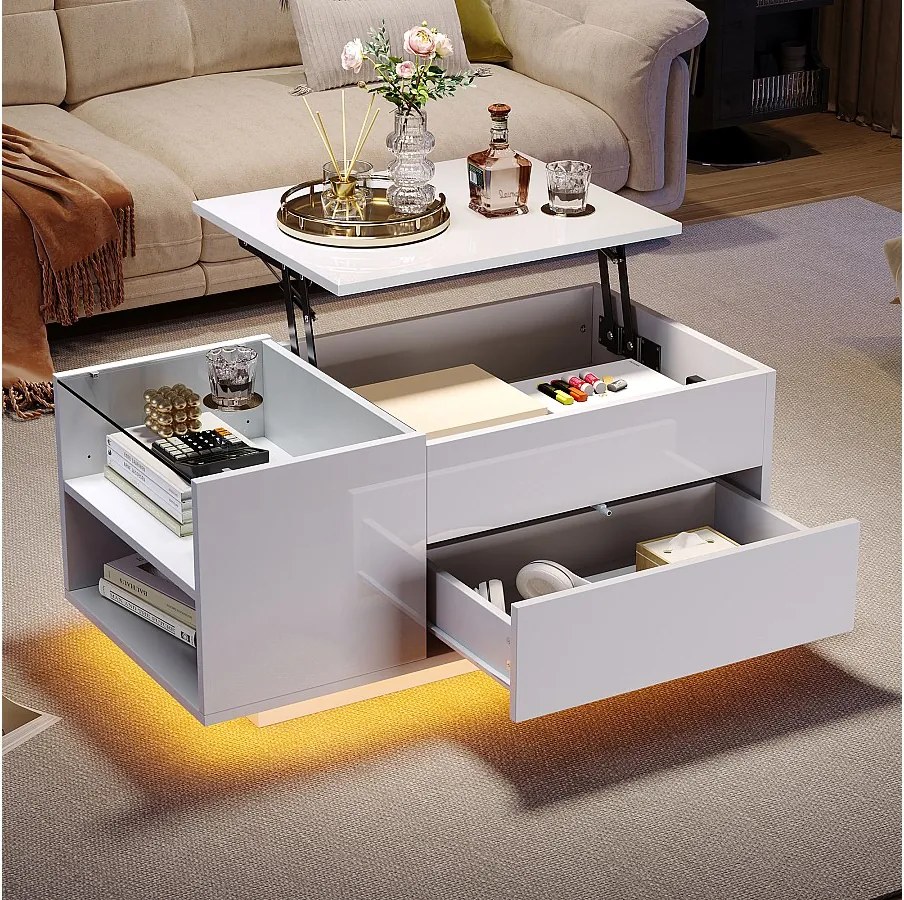 Biały stolik kawowy z regulowaną wysokością blatu - Stolik kawowy z oświetleniem LED i 1 szufladą - Otwarta przestrzeń do przechowywania