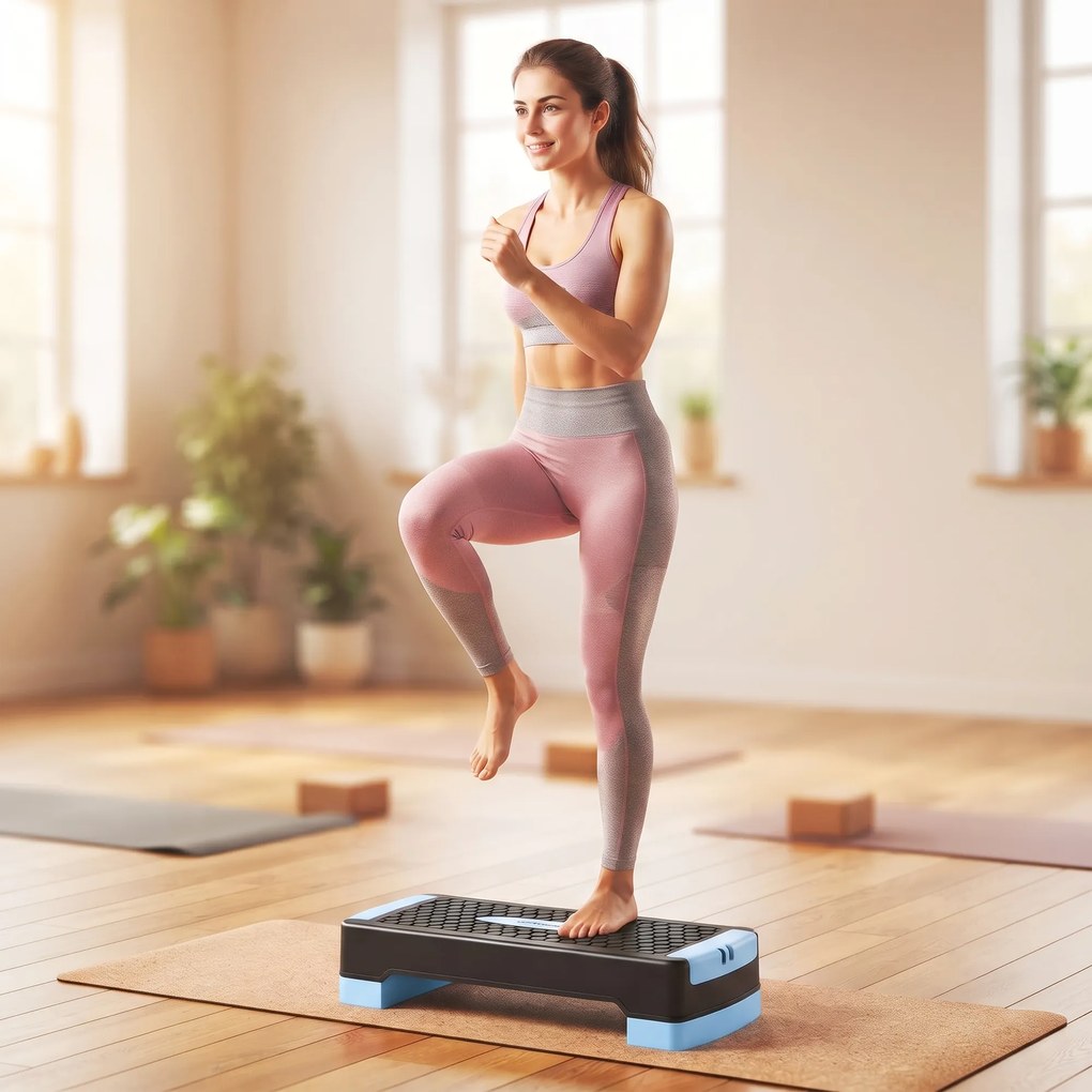 SPORTNOW Deska do stepów regulowana Fitness Aerobic Stepper z 2 poziomami (11/16 cm) 2 taśmami oporowymi, mata antypoślizgowa Niebieski | Aosom PL