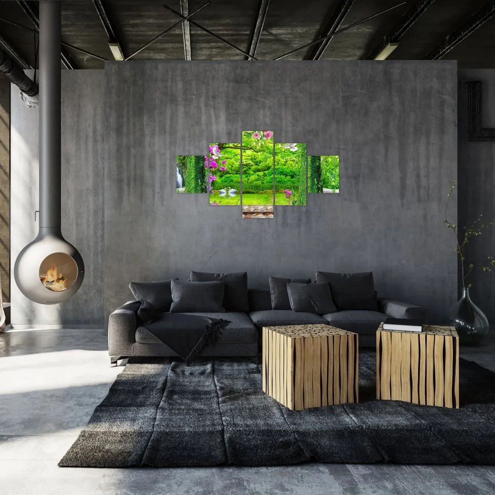 Obraz - Magiczny ogród z łabędziami (125x70 cm)