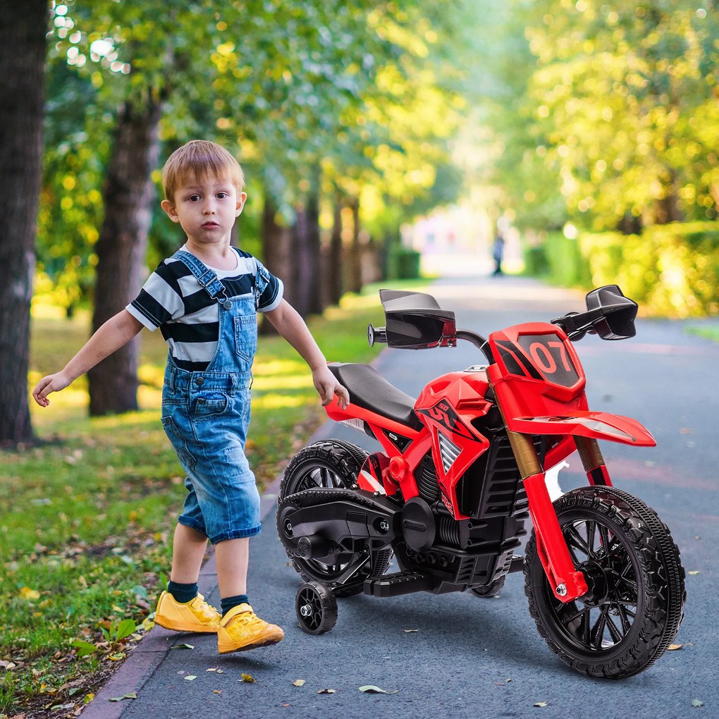 AIYAPLAY Motocykl Elektryczny dla Dzieci, Napęd 6V, Kółka Boczne, Klakson, Dźwięk Startu, 3-8 Lat, Czerwony