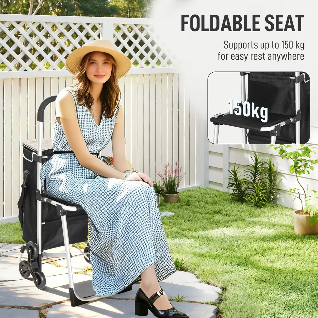 HOMCOM wózek zakupowy, 40 L torba Oxford, konstrukcja 3-kółkowa, aluminiowa rama, siedzisko, szary