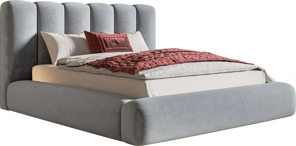 Łóżko tapicerowane 140x200 Lumaro z pojemnikiem - gruba pianka, pojemnik, stelaż metalowy - jasny szary (Amor Velvet 4318)