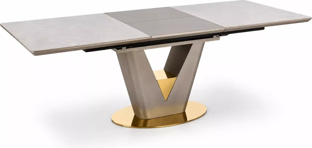 Stół Valentinko 160-220 cm – rozkładany, prostokątny z blatem ceramicznym i MDF lakierowanym w jasnym popielu złote wstawki