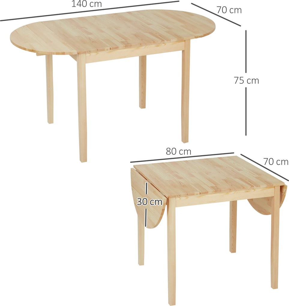 HOMCOM Rozkładany stół jadalniany z drewna sosnowego na 6 osób z opcją opuszczania boków 140 x 70 x 75 cm, Drewno naturalne