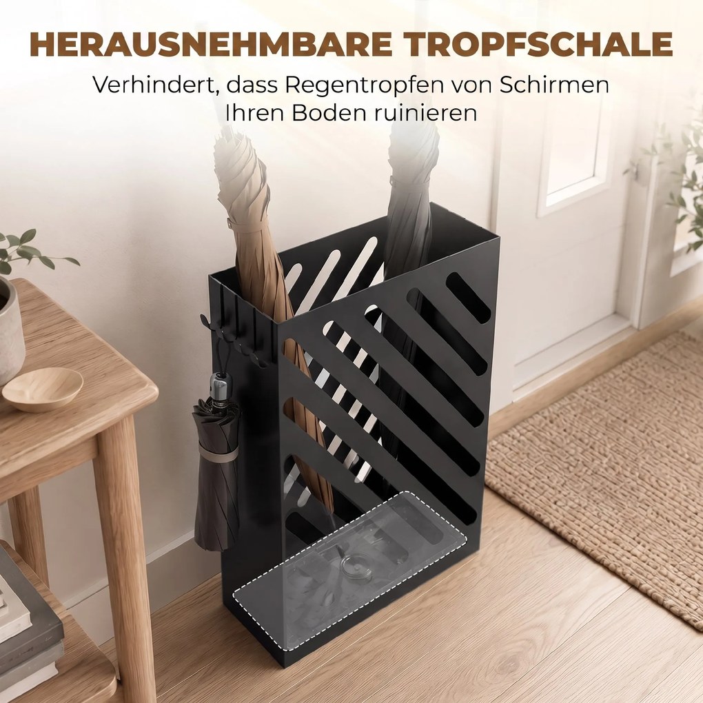 HOMCOM Stojak na parasole z miską ociekową, 4 haczyki, stal, 28D x 14S x 41W cm, Czarny | Aosom PL