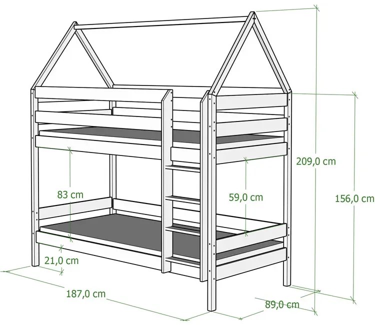 Zielone skandynawskie piętrowe łóżko dla dzieci typu domek - Delisa 3X 180x80 cm