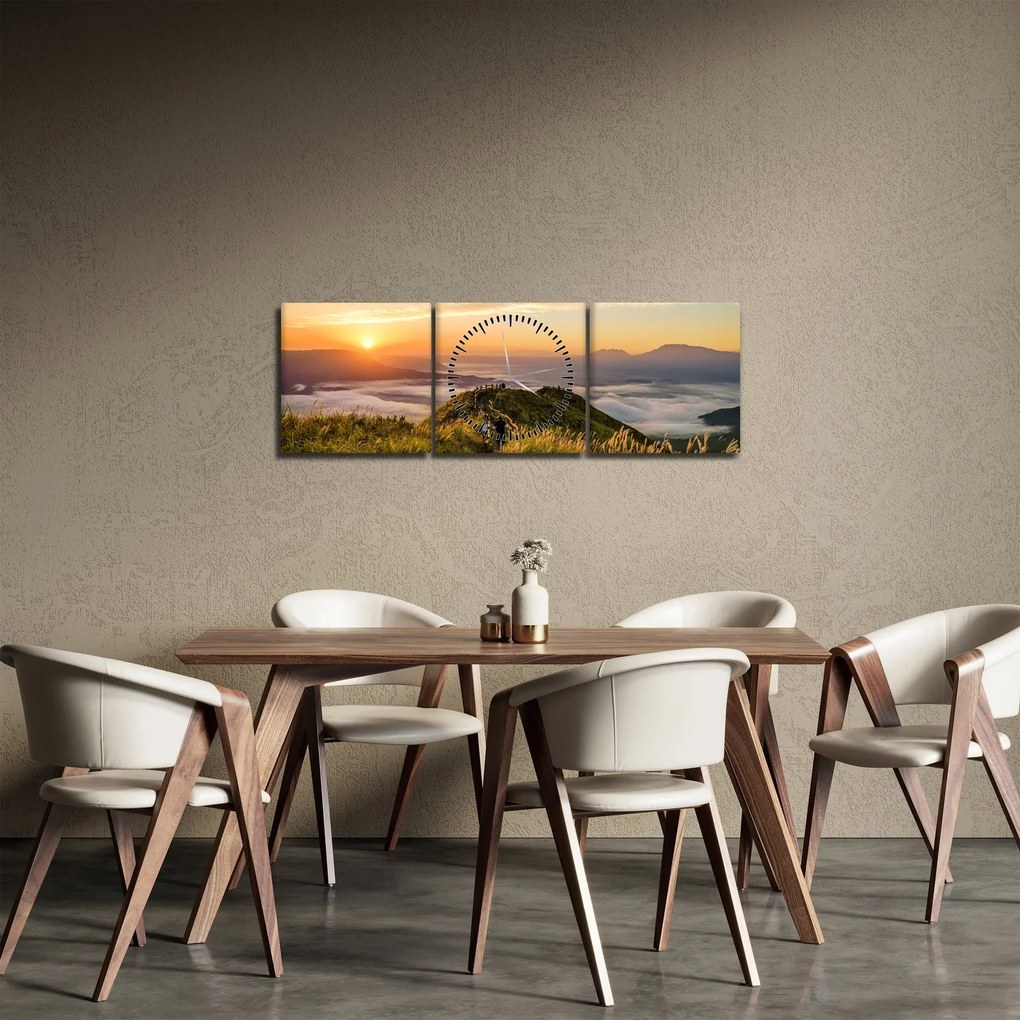 Obraz góry o zachodzie słońca (z zegarem) (90x30 cm)