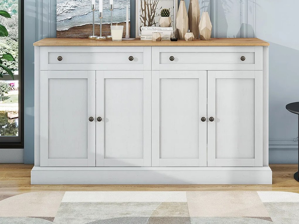 Komoda z 4 drzwiami i 2 szufladami - MDF, drewno, uchwyty metalowe - kolor biały - 150 x 40 x 86 cm