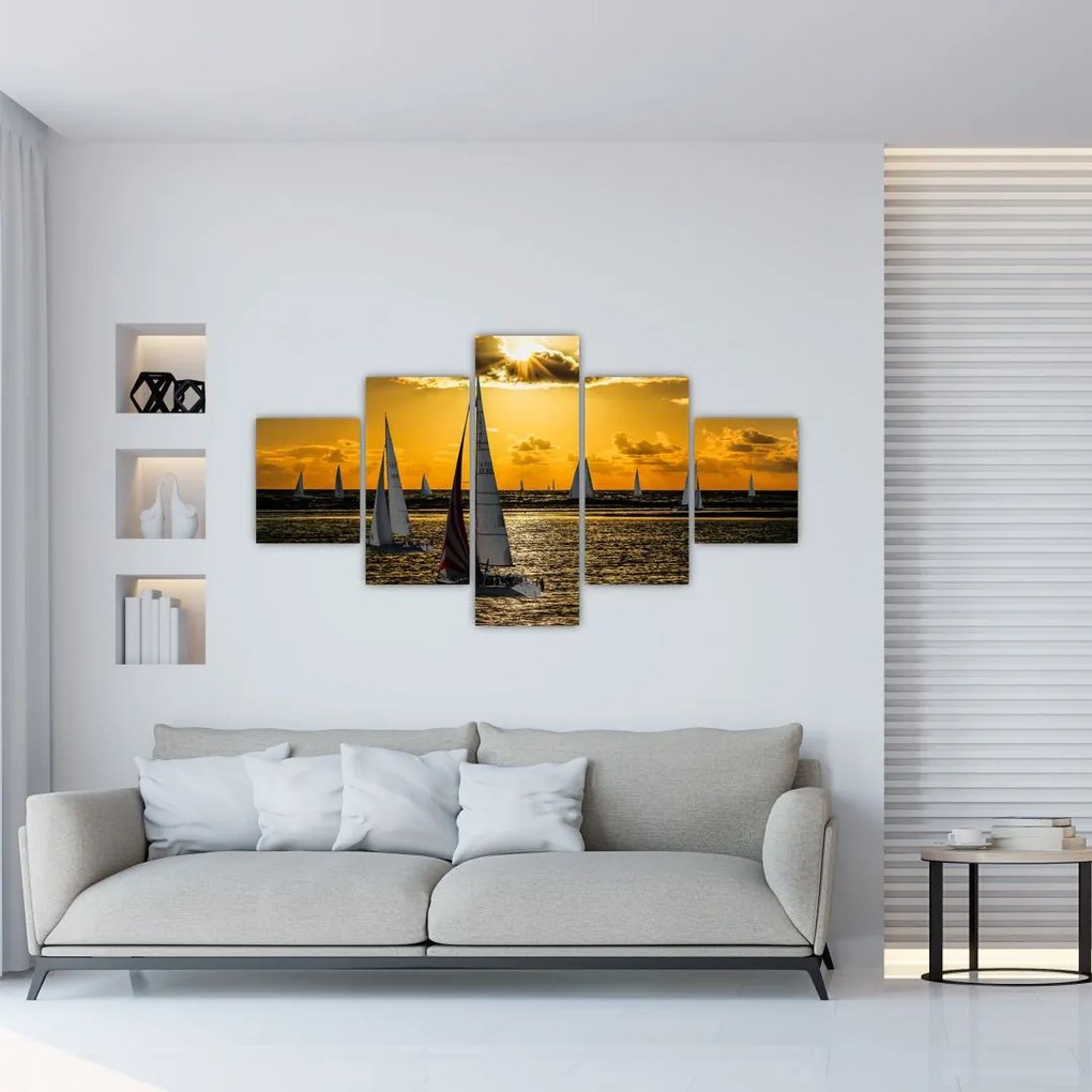 Obraz jachtu o zachodzie słońca (125x70 cm)