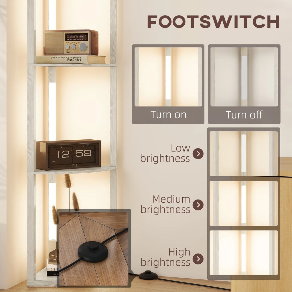 HOMCOM Lampa stojąca LED, regał narożny, ściemnialna, 4 półki, ciepłe światło, 41x30x164 cm, dąb