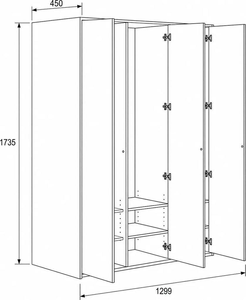 Szafka FRAME, 3 przedziały, 1299 x 450 x 1735 mm, PUSH-lock, orzech