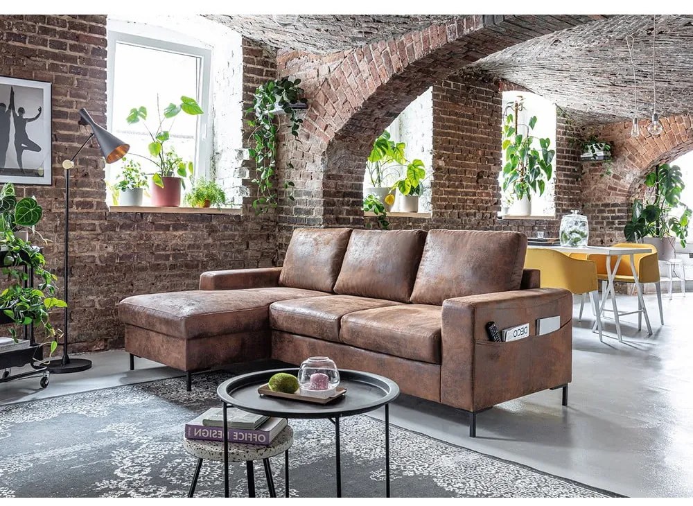 Brązowy narożnik rozkładany z imitacji skóry Miuform Lofty Lilly Vintage, lewostronny