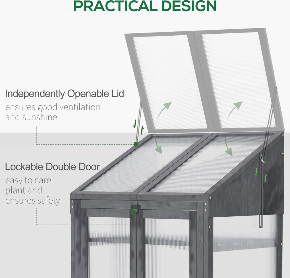 Outsunny Mini Szklarnia z Drewna, Mała Szklarnia z Oknami i Podwójnymi Drzwiami, 3 Półki, 70Dł x 50Szer x 120Wys cm, Szara
