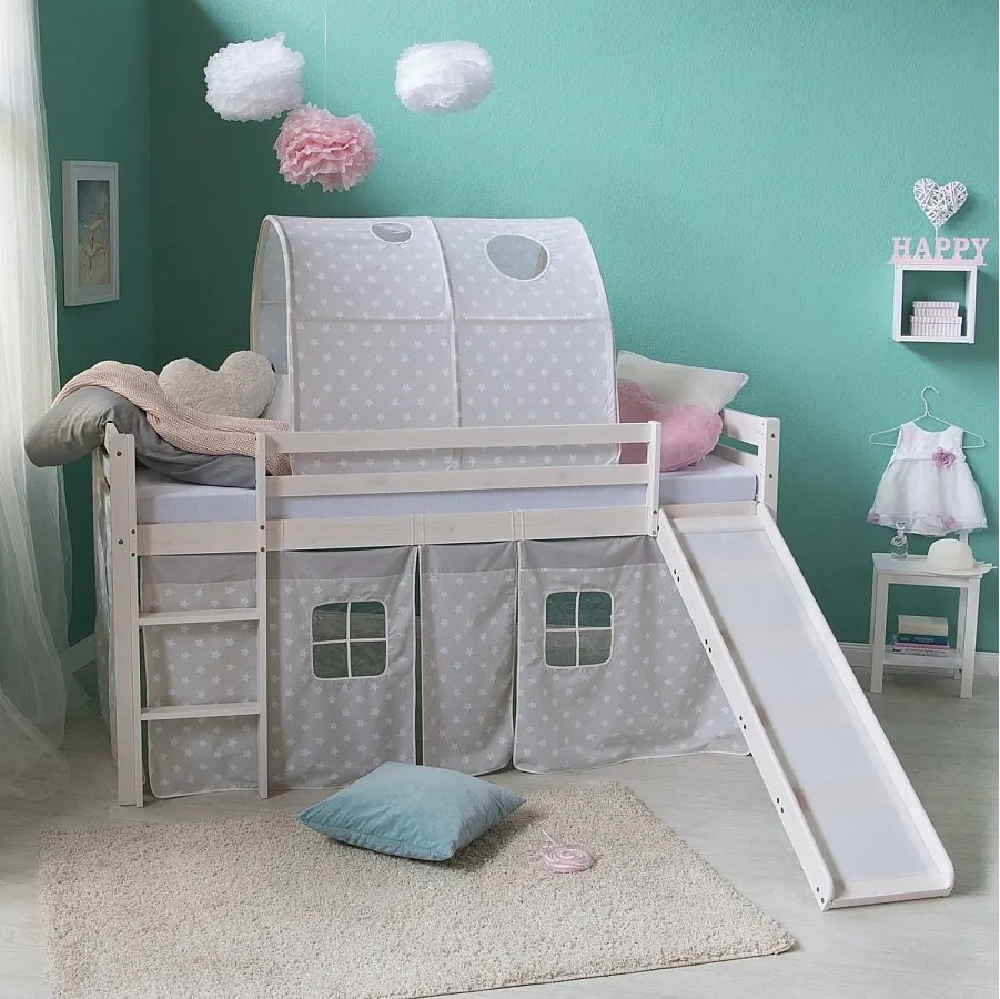 Łóżko dziecięce 90x200 cm białe zjeżdżalnia tunel lite drewno sosnowe zasłona