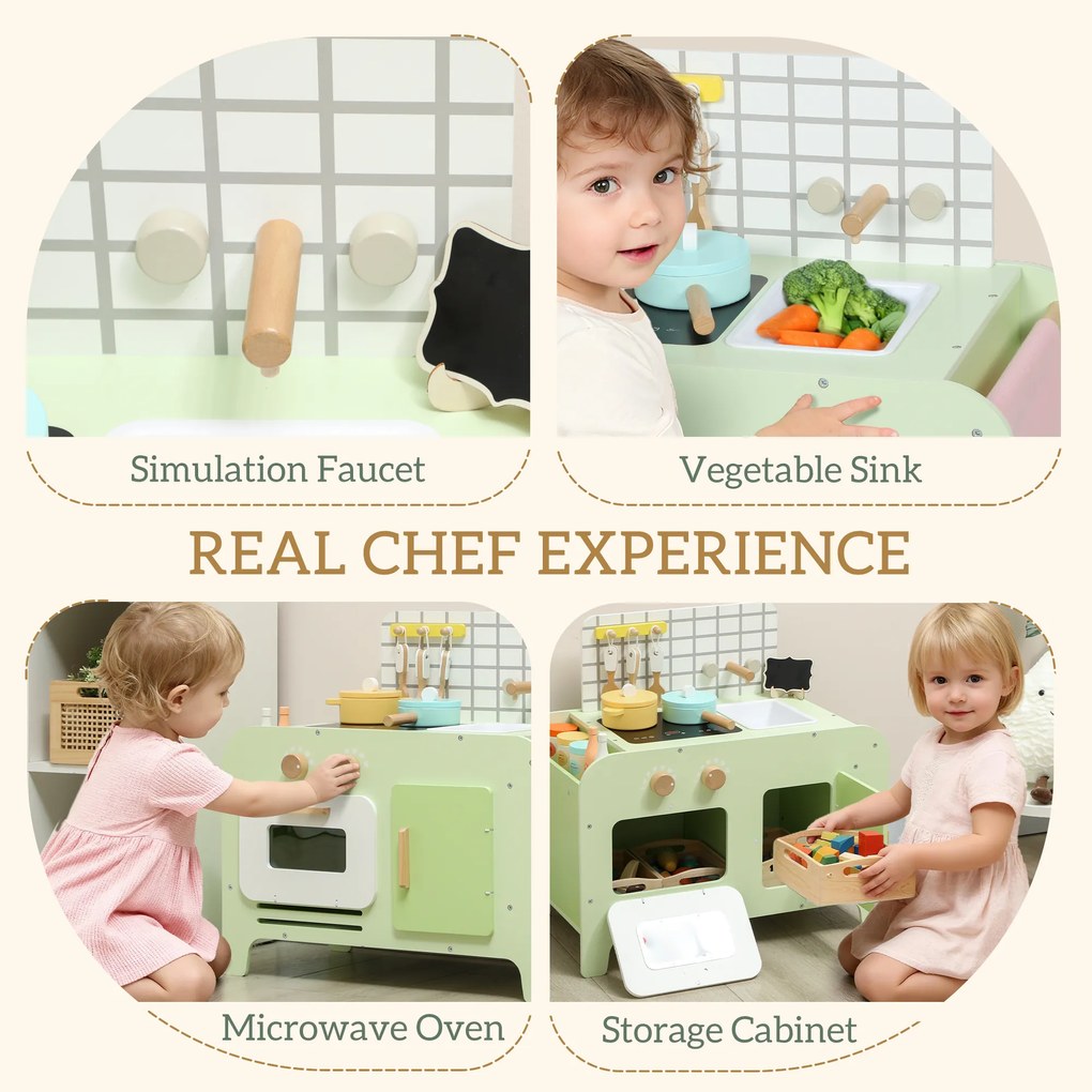AIYAPLAY zestaw kuchni dla dzieci, MDF, 15 akcesoriów, szafki, 40 cm, od 3 lat, zielony