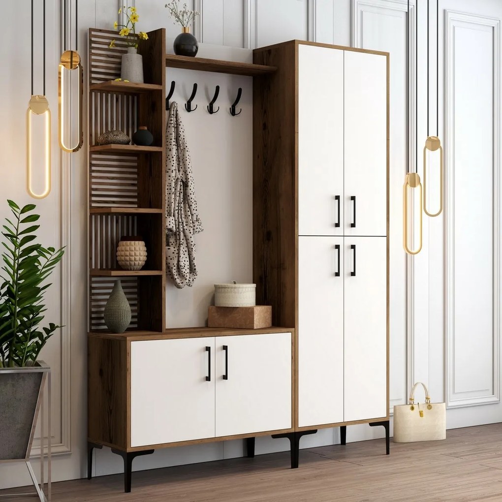Wieszak z półką na buty, półkami i szafką Viyana Walnut and White