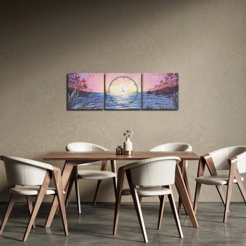 Obraz - Zachód słońca nad wodą, akwarela (z zegarem) (90x30 cm)