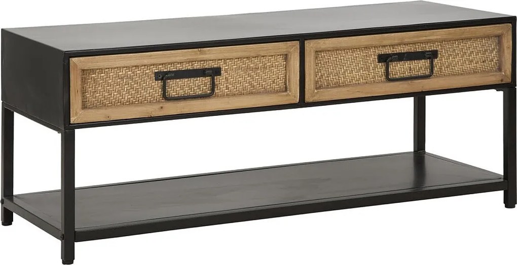 Stojak pod telewizor Hanoi 95x38x38 cm - Czarny metalowy stolik pod telewizor z drewnianymi szufladami imitującymi rattan - Nowoczesny i liniowy styl boho chic