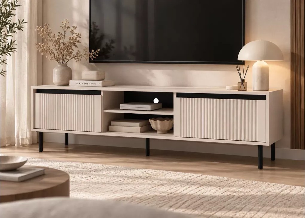 Szafka RTV Akasi II z ryflowanymi frontami, dwiema szufladami i półką – dąb evoke lub beż piaskowy