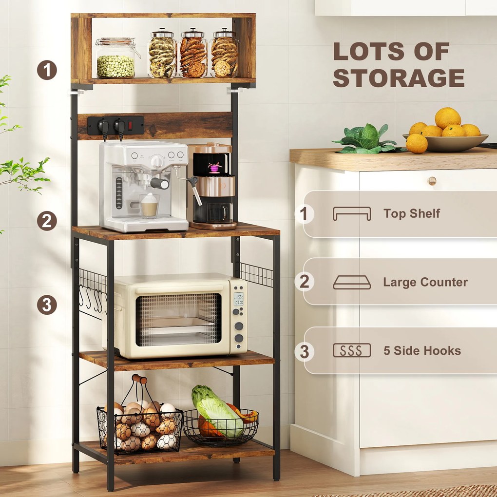 HOMCOM Regał kuchenny, regał stojący z 5 hakami S, 5 półkami, gniazdko, stalowy, Rustykalny brąz, 60 x 42 x 153 cm
