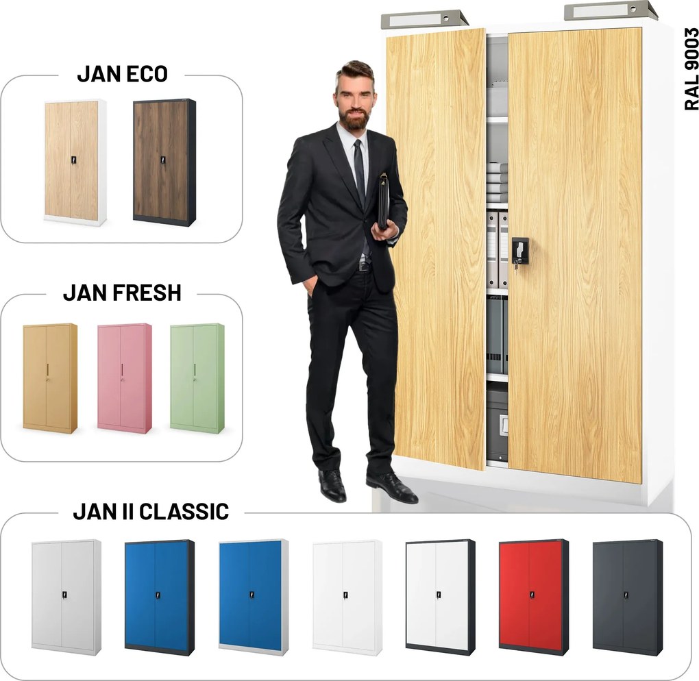 Szafa biurowa metalowa na akta, szeroka, biały/złoty dąb, 1150x1850x400 mm: JAN II Eco Design
