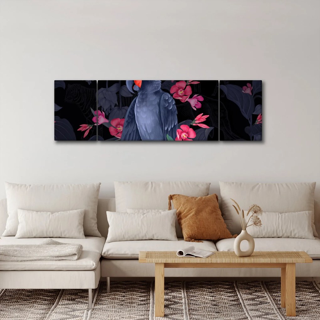 Obraz - Papuga wśród kwiatów (170x50 cm)
