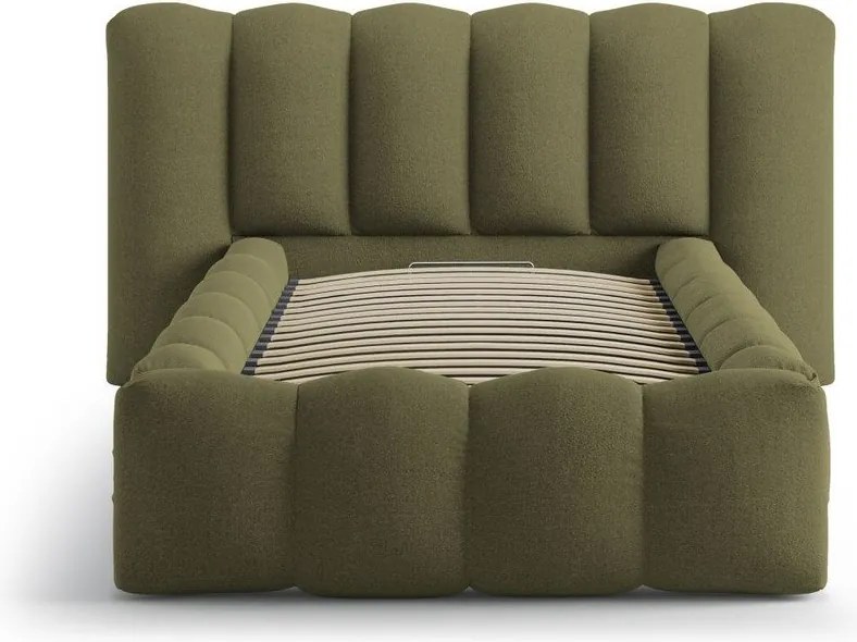 Tapicerowane łóżko jednoosobowe ze schowkiem i stelażem 90x200 cm w kolorze khaki Lupine – Micadoni
