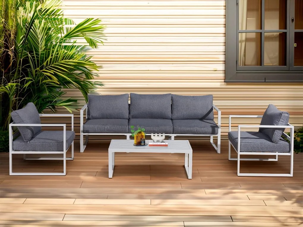 Komplet mebli ogrodowych (duża 3os. sofa, 2 x fotel + stolik) MOSTRARE białe aluminium, szare poduchy