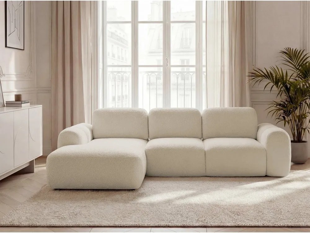 Beżowy rozkładany/ze schowkiem narożnik z materiału bouclé (lewostronny/z szezlongiem) Montaigne – Bobochic Paris