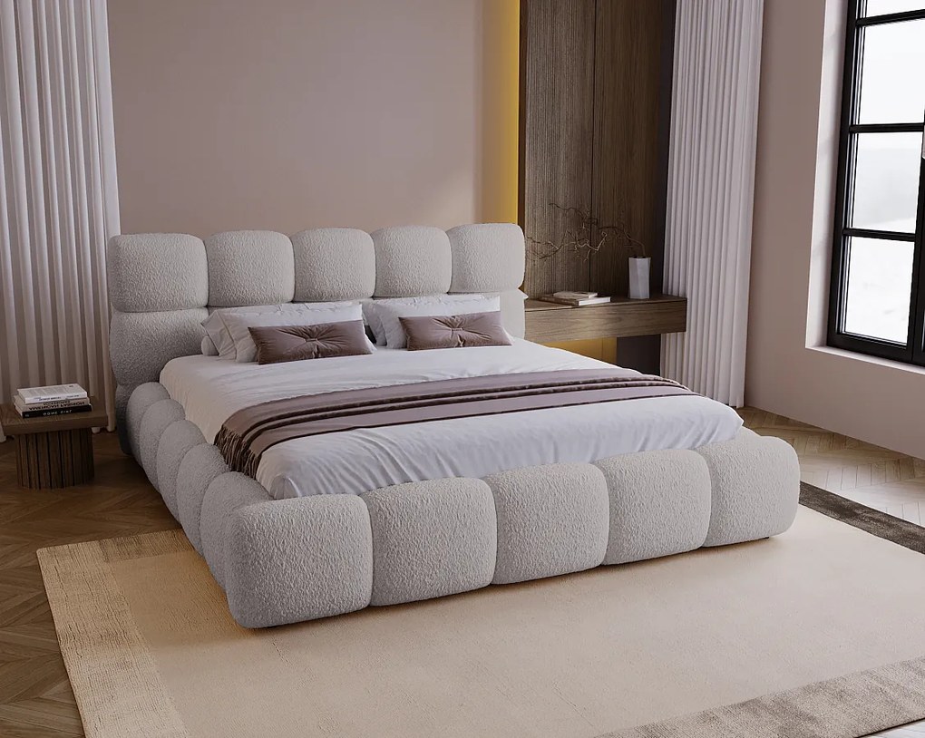 BESILIO Łóżko z grubej pianki 160x200 boucle Boston - łóżko z pojemnikiem i stelażem - Jasnoszary