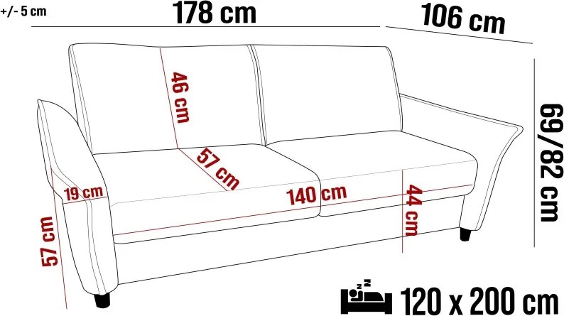 Sofa Kanapa CANTO 2 osobowa z funkcją spania wolnostojąca w tkaninie WERSAL