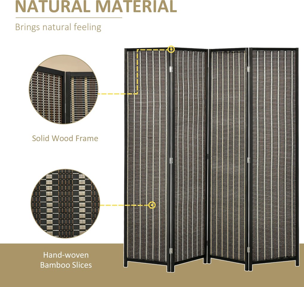 HOMCOM Parawan Dzielący Przestrzeń, Składany, Drewno Sosnowe/Bambus, 180 x 180 cm, Brązowy/Czarny