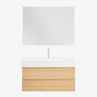 Zestaw Wiszących Mebli Łazienkowych Z Drewna I Forniru Jesionowego Zintegrowany Z Umywalką Ona Naturalna & Prostokątny Led - Sklum