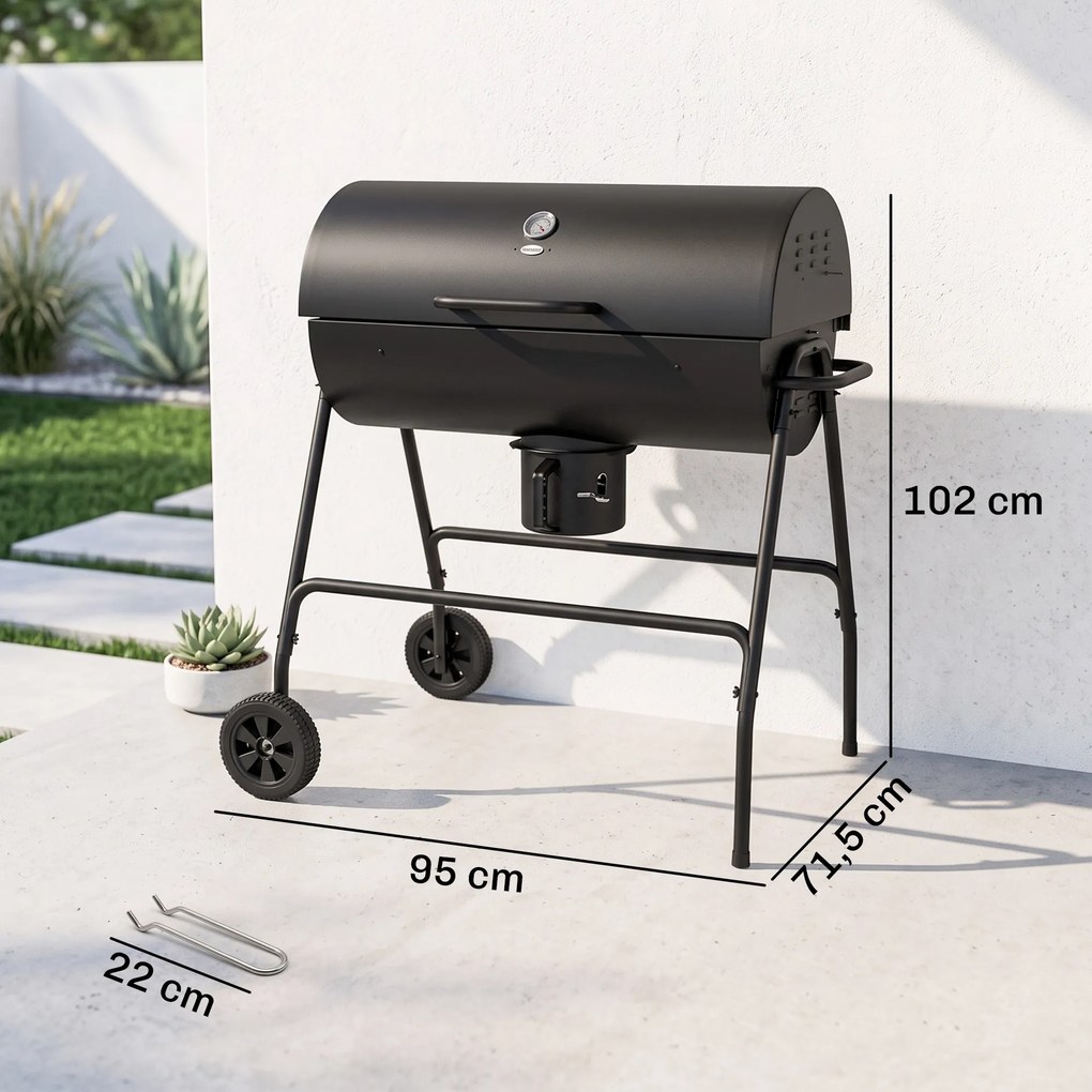 Outsunny Grill węglowy Metal BBQ z pokrywą Termometr Koła Wózek grillowy 95x71,5x102 cm Czarny