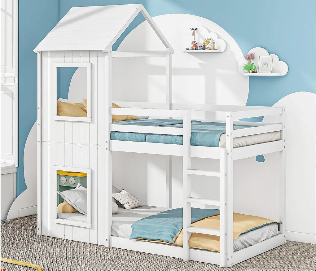 Łóżko piętrowe domek 90x200cm - z litego drewna - z 2 oknami - Białe