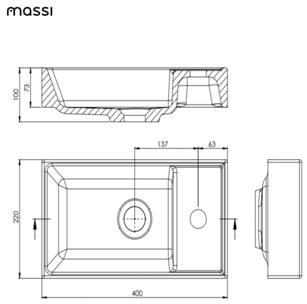 Umywalka z konglomeratu blatowa prostokątna biała NAVI | Różne rozmiary | Z otworem na baterię lub bez : Otwór na baterię - Jeden otwór, Rozmiar - 40 x 22 cm