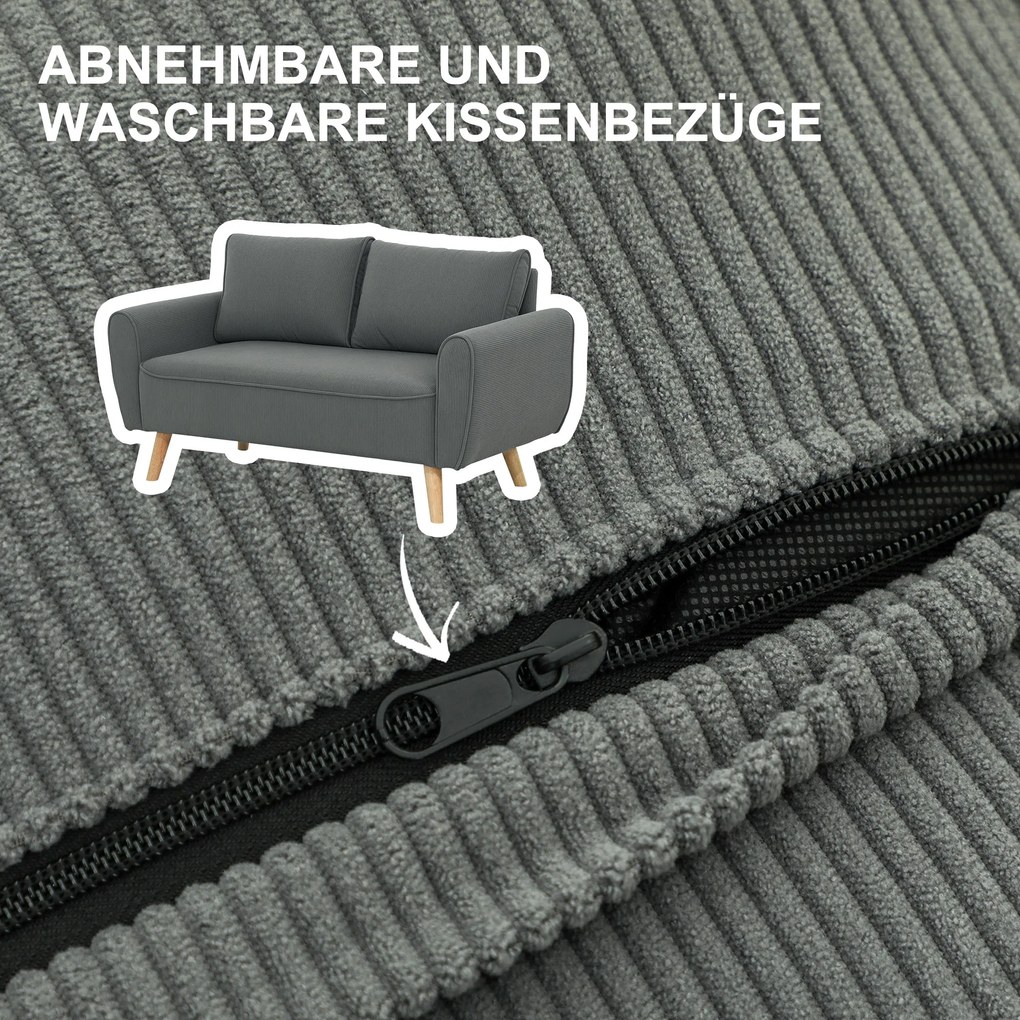 HOMCOM Dwumiejscowa Sofa, Kanapa z Tkaniny, 2 Poduszki Tylnie, Pokrycie z Sztruksu, 145 x 75 x 78 cm, Antracyt