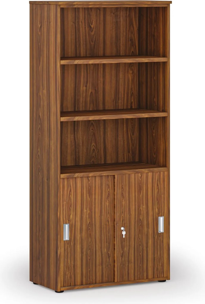 Szafa biurowa kombinowana PRIMO WOOD, drzwi przesuwne na 2 poziomach, 800 x 420 x 1781 mm, orzech