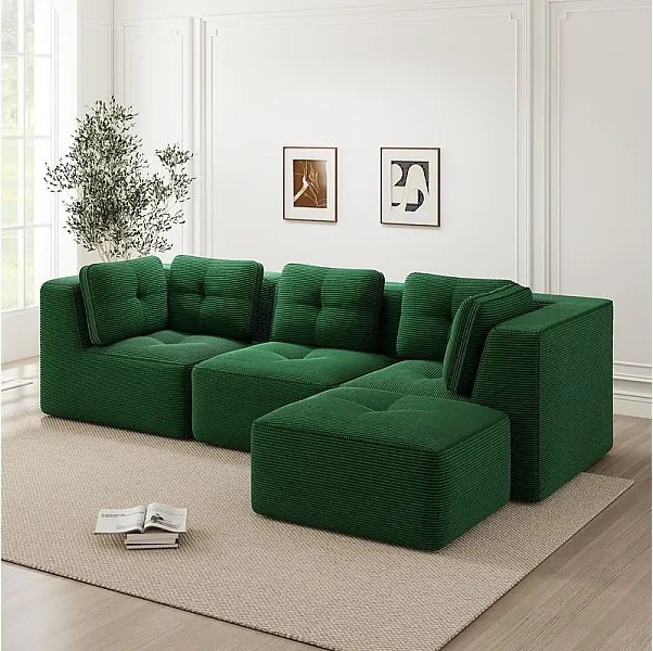 Canapé 3 places modulable, avec pouf et coussins, en velours côtelé, Vert, 297x177x69cm