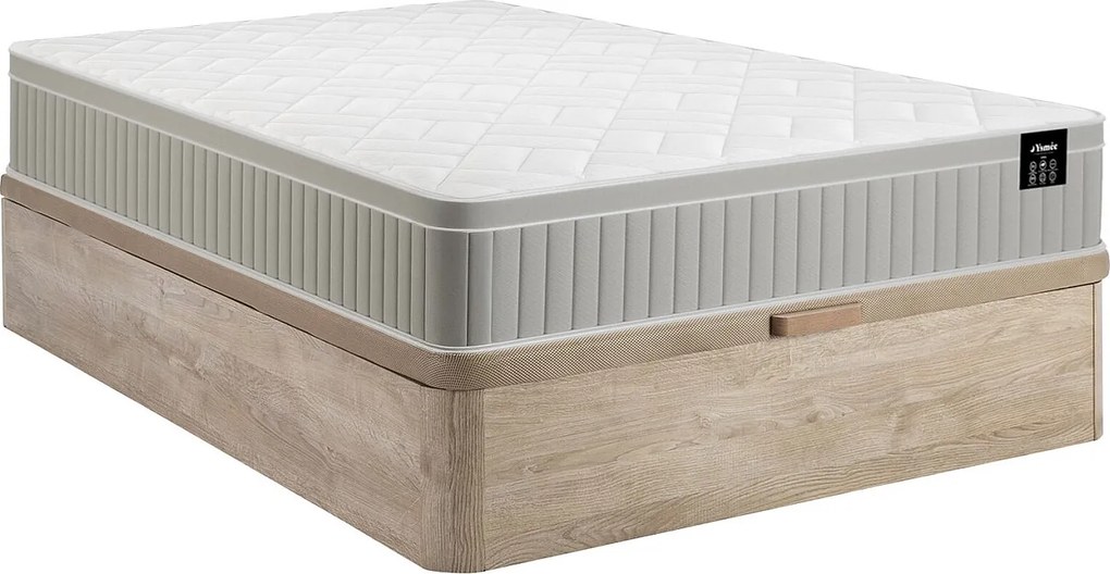 Zestaw 160 x 200 cm jasny naturalny stelaż ze skrzynią  + materac piankowy z żelem z pamięcią kształtu 7 stref gr. 22 cm - SOMIRA marki YSMÉE