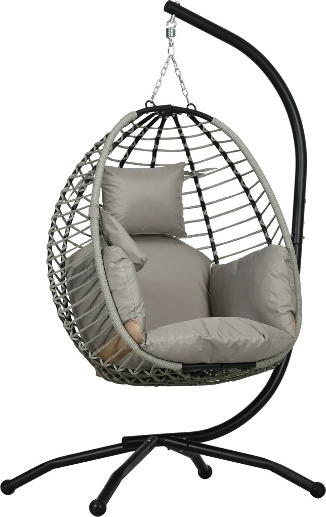 Outsunny Wiszący fotel, Poduszki siedziska i oparcia, Składany koszyk, Uchwyt na kubek, Metalowa rama, Szary