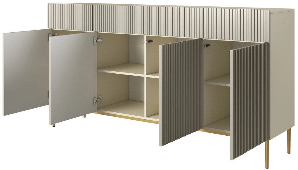 Komoda czterodrzwiowa Nicole 200 cm z szufladami z ryflowanym frontem - kaszmir / złote nóżki