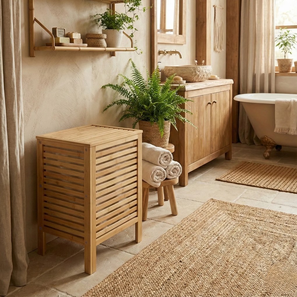 Bambusowy kosz na pranie z pokrywą i wyciąganym workiem LUND, 60 L