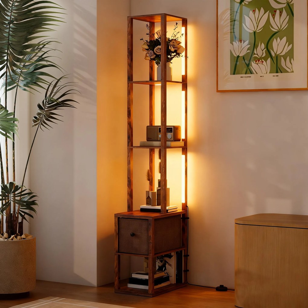 HOMCOM Lampa stojąca LED z półkami, regulowana jasność, włącznik nożny, rustykalny brąz | Aosom PL