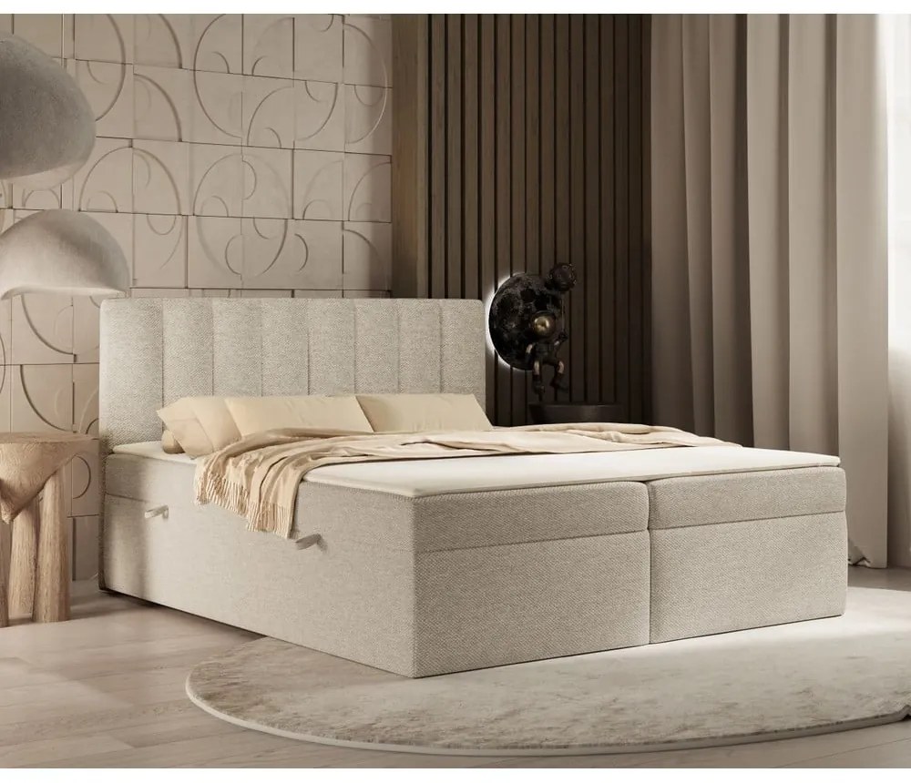 Beżowe łóżko boxspring ze schowkiem 140x200 cm Novento – Maison de Rêve