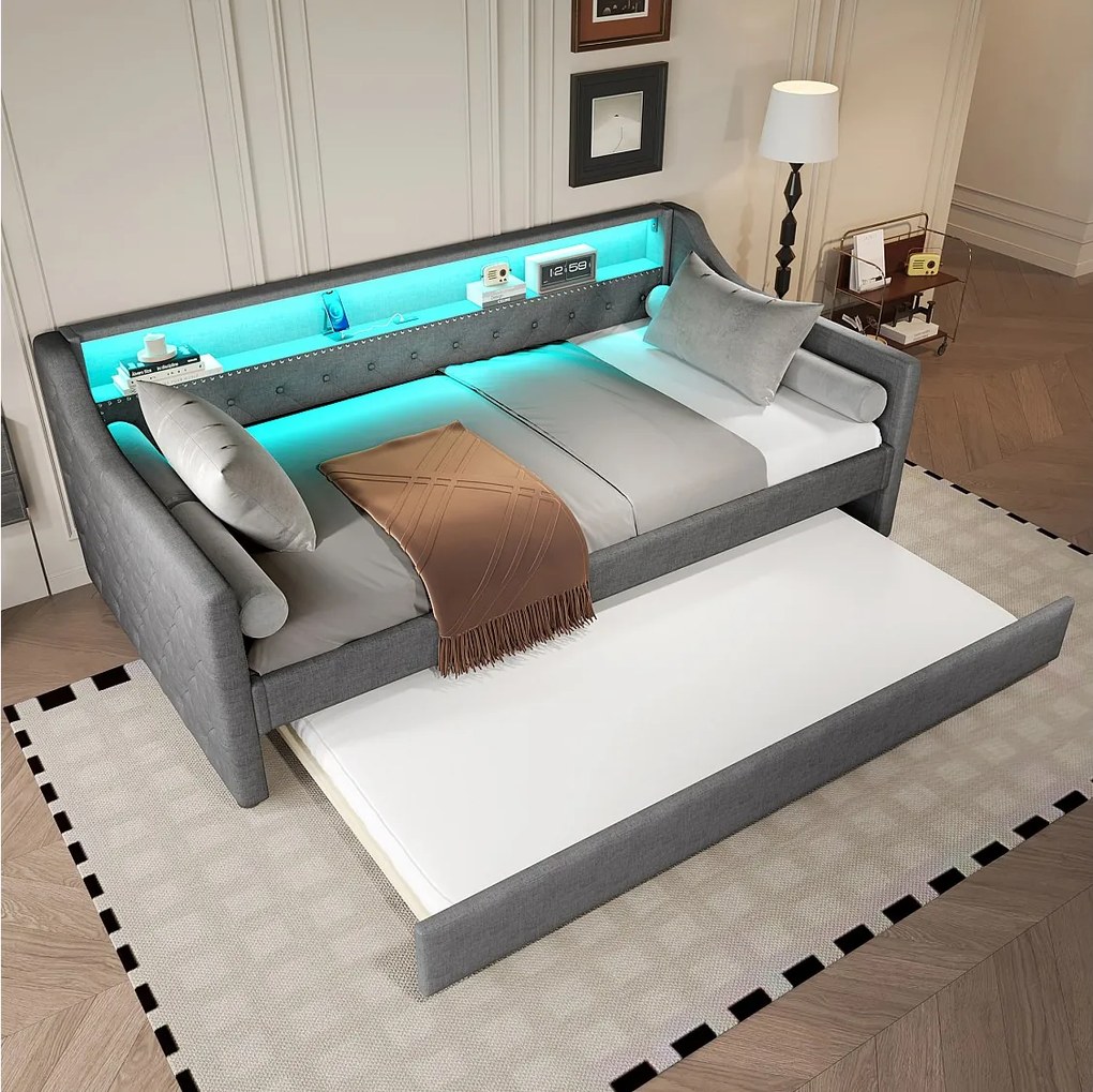Łóżko dziecięce 90 x 200 cm - z oświetleniem LED, USB, stelażem z listew - szara pościel - materac nie jest wliczony w cenę