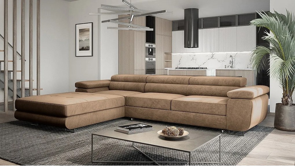 Emporius Sorlo Twin narożnik z regulowanymi zagłówkami - narożnik z pojemnikiem - funkcja spania, sofa 280 cm, lewostronny, tkanina aksamitna, brązowy (Monolith 09)