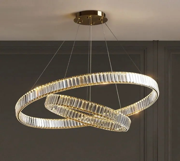 Żyrandol kryształowy, dwa ringi LED - Kikim Crystal Złoty - 60, 100cm