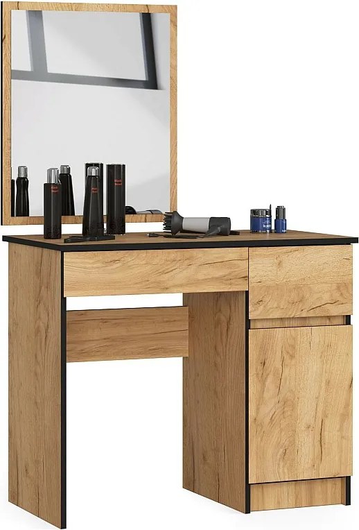 Toaletka AKORD P2 Dąb Craft 90 cm z lustrem 500x600 prawa 1 drzwi 2 szuflady kolor Dąb Craft mat 2 półki 90x50x142 cm